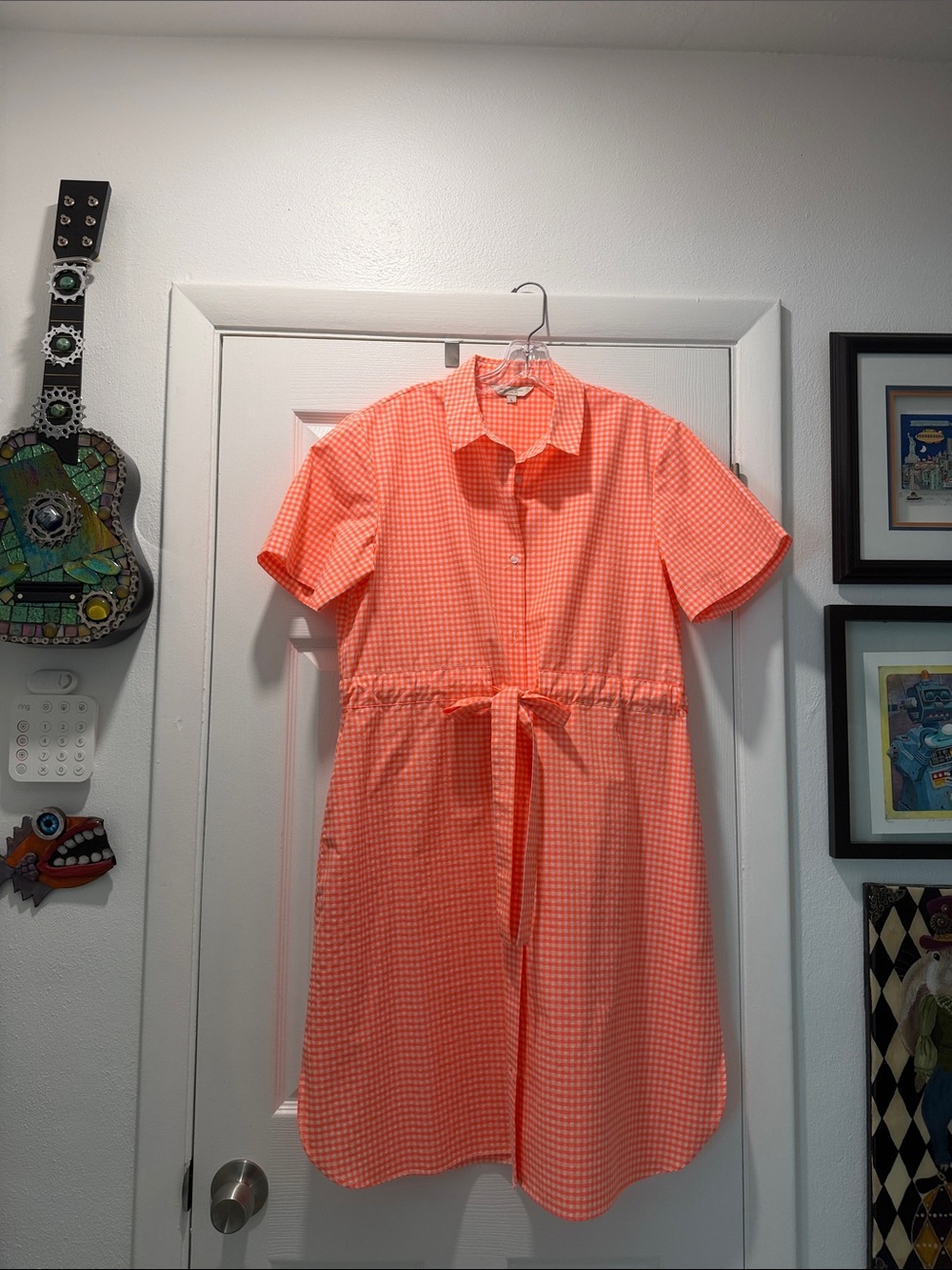 French Connection Neon Coral Gingham Midi Shirt Dress